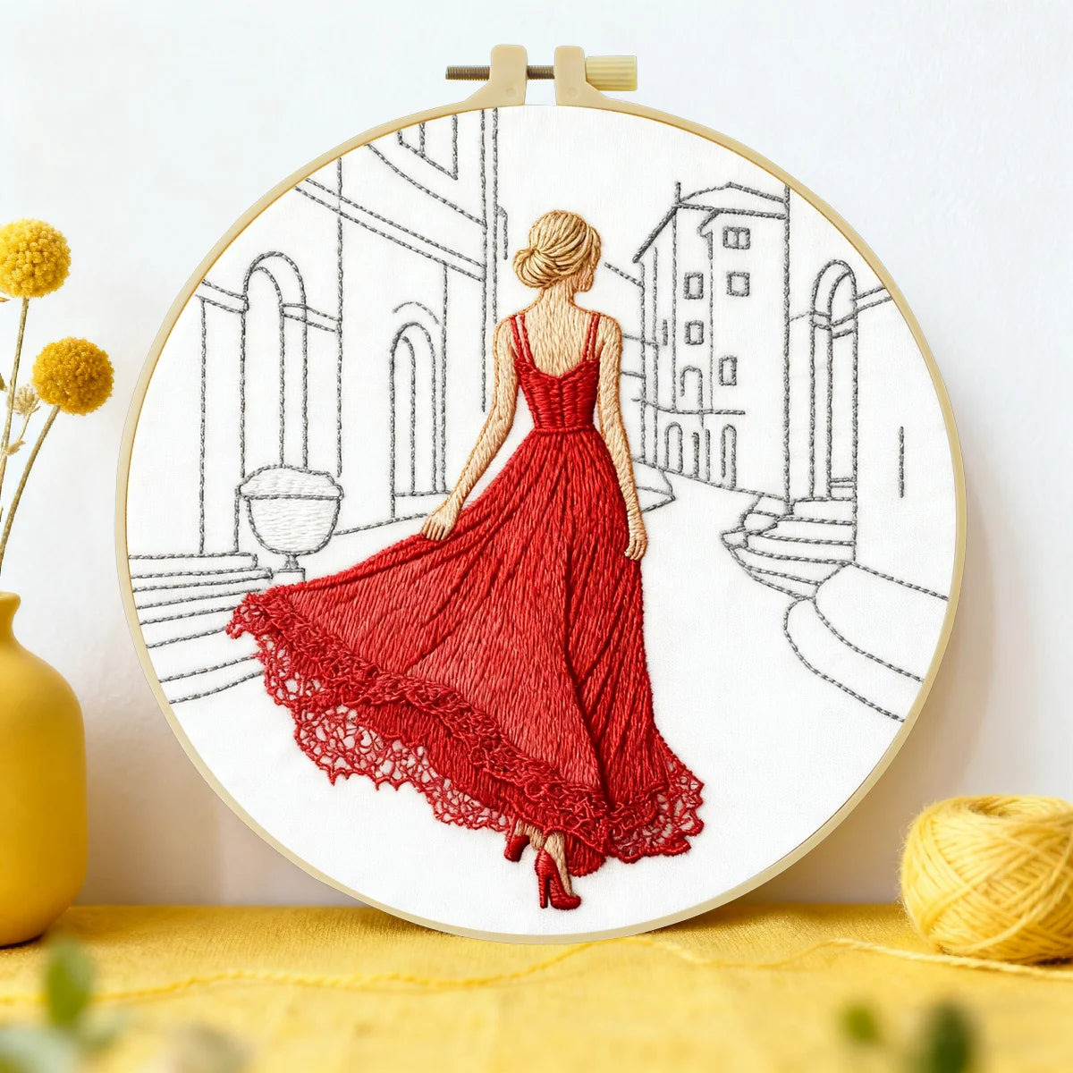 Elegant Red Dress Embroidery Kit – Fashion Lady Street Scene Needlepoint Pattern with Parisian Style & Modern Minimalist Art
