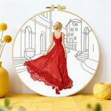 Elegant Red Dress Embroidery Kit – Fashion Lady Street Scene Needlepoint Pattern with Parisian Style & Modern Minimalist Art