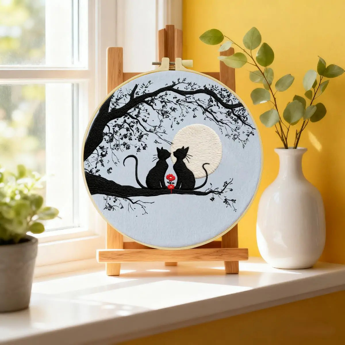 Moonlit Cat Couple Embroidery Kit – DIY Romantic Hoop Art for Beginners & Cat Lovers