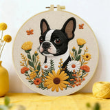 Boston Terrier Embroidery Kit – Floral Puppy DIY Hand Embroidery Hoop Art Set Kits For Stitchers