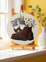 Sleeping Kitten Embroidery Kit for Beginners – DIY Floral Cat Hand Embroidery Hoop Set