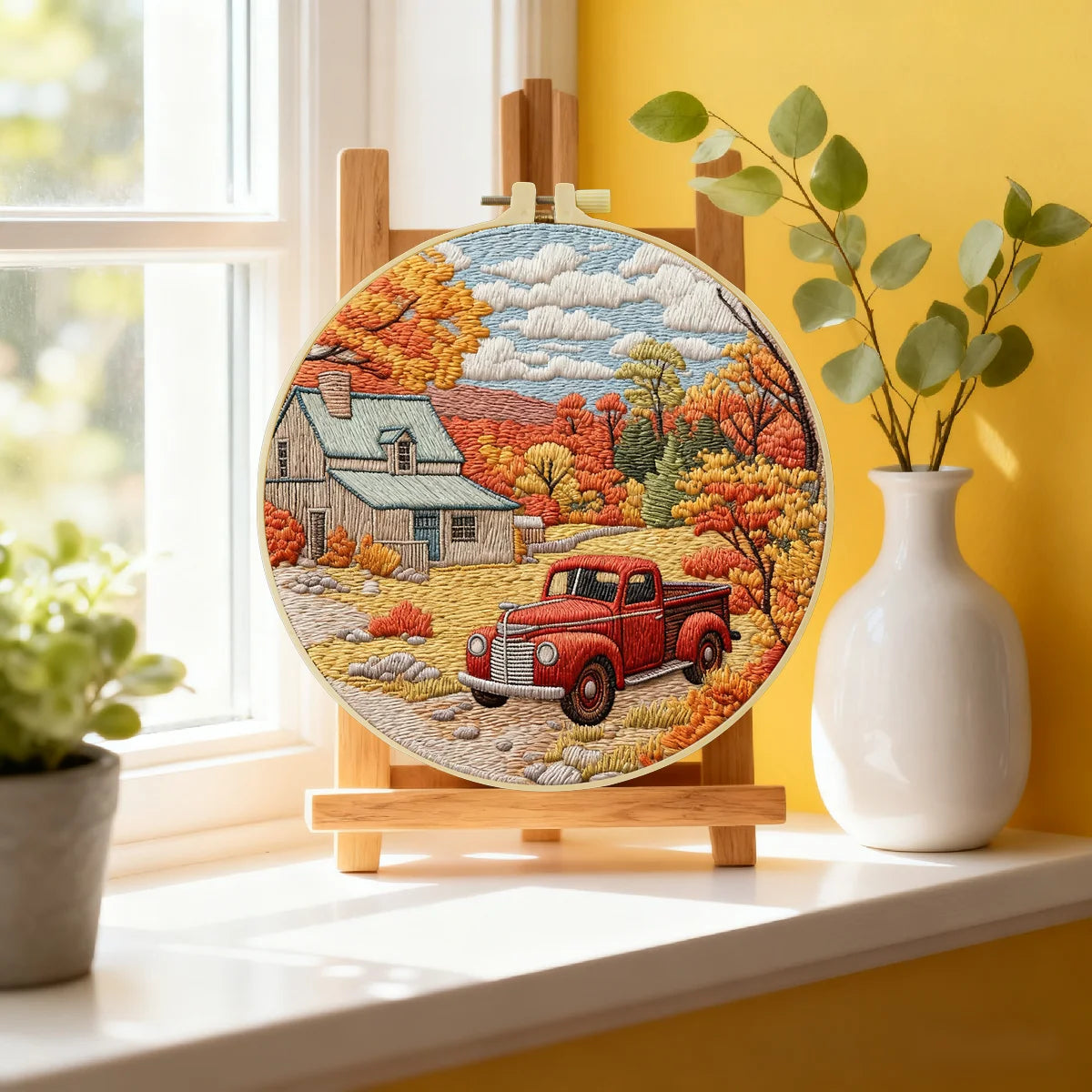 Autumn Farmhouse Embroidery Kit – Vintage Red Truck Fall Landscape DIY Sewing Craft, Rustic Country Wall Art Decor