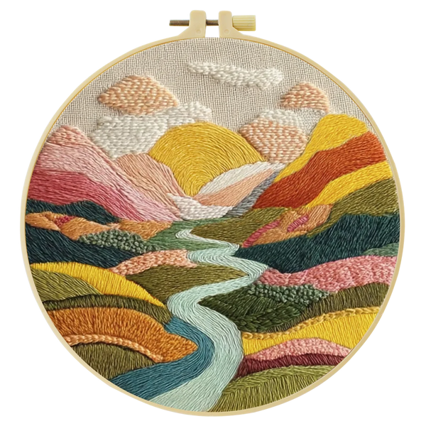 Colorful Mountain Landscape Embroidery Kit – Modern Sunset Valley DIY Hand Stitch Art with Hoop & Threads 🌄🧵