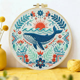 Folk Art Whale & Ocean Floral Embroidery Kit Kits For Stitchers