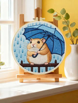 Rainy Day Hamster Embroidery Kit – Cute Umbrella Hamster DIY Hand Embroidery Set ☔🐹💙 Kits For Stitchers
