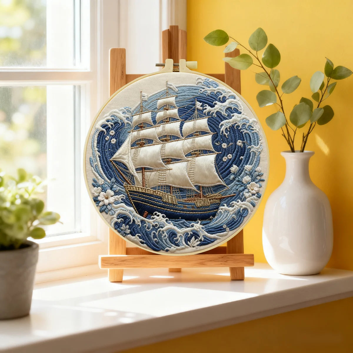 Vintage Sailing Ship Embroidery Kit – Nautical Ocean Wave DIY Sewing Craft, Coastal Maritime Hoop Wall Art Decor