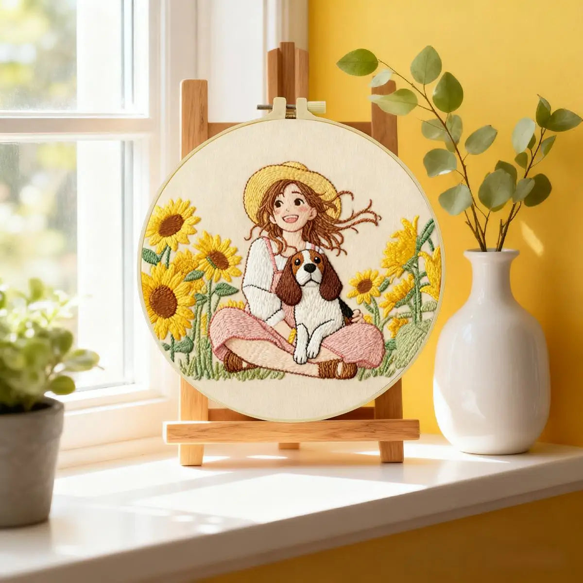 Girl & Puppy Sunflower Embroidery Kit – Cute Cottagecore DIY Hand Embroidery Hoop Art Set