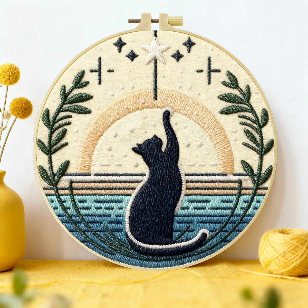 Black Cat Sunset Embroidery Starter Kit DIY – Beginner Aesthetic Hand Embroidery Kit with Nature Design