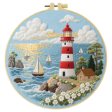 Coastal Lighthouse Embroidery Kit – Nautical Ocean Seascape DIY Needlepoint Hoop Art Beach House Decor Craft Gift for Adults