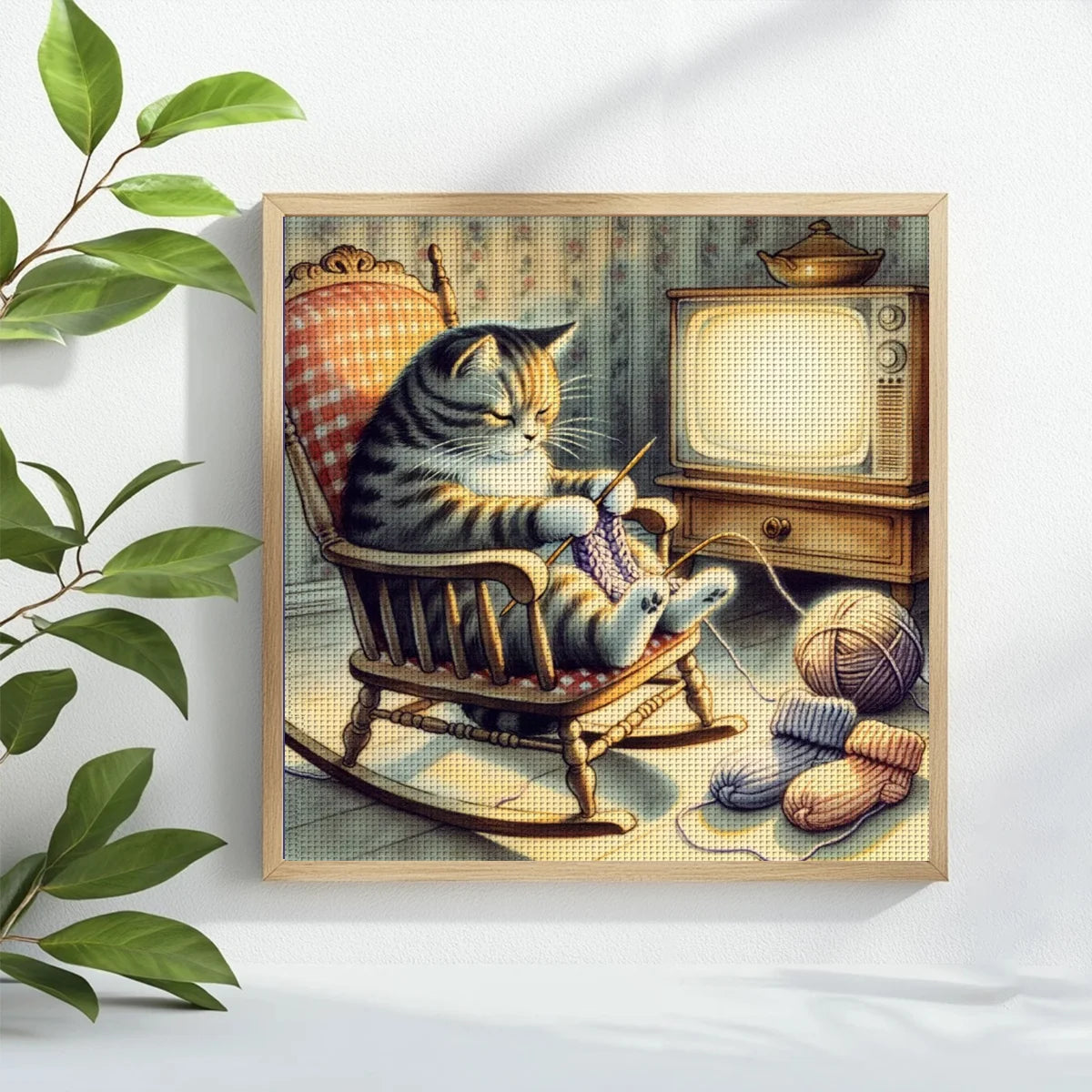 Grandma Cat Knitting Club Cross Stitch Kit 🧶🐱📺