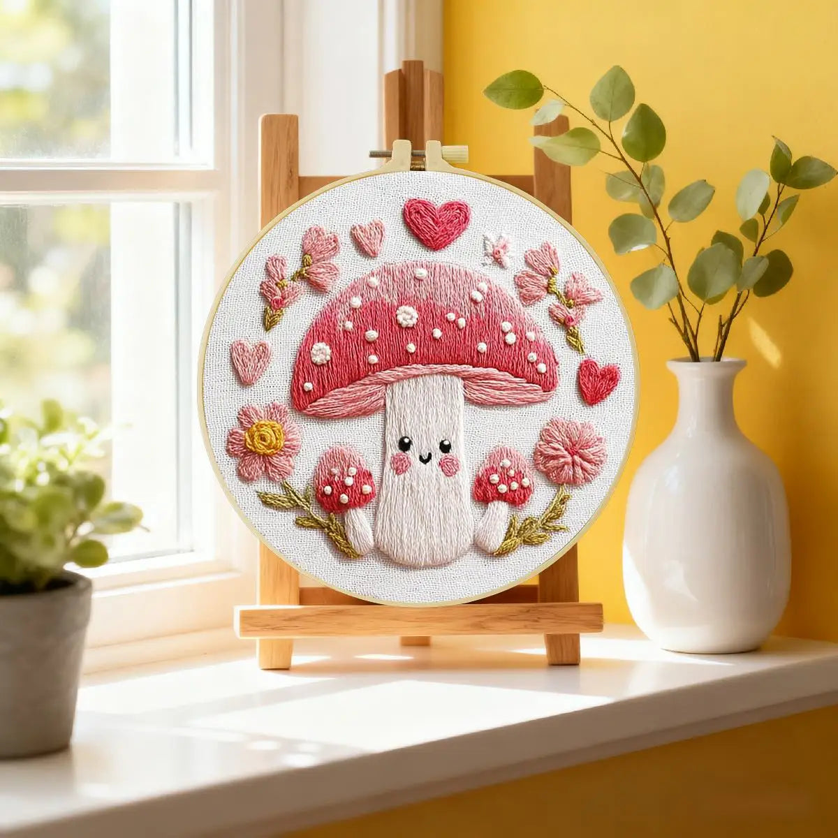 Cute Pink Mushroom Embroidery Kit – Kawaii Cottagecore DIY Hand Embroidery Hoop Art Set