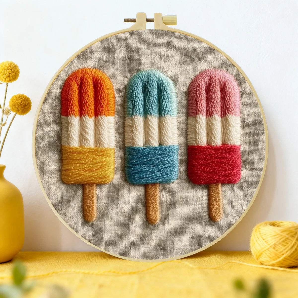 Colorful Popsicle Embroidery Kit – Cute Summer Ice Cream DIY Sewing Craft, Modern Kitchen Hoop Wall Art Decor
