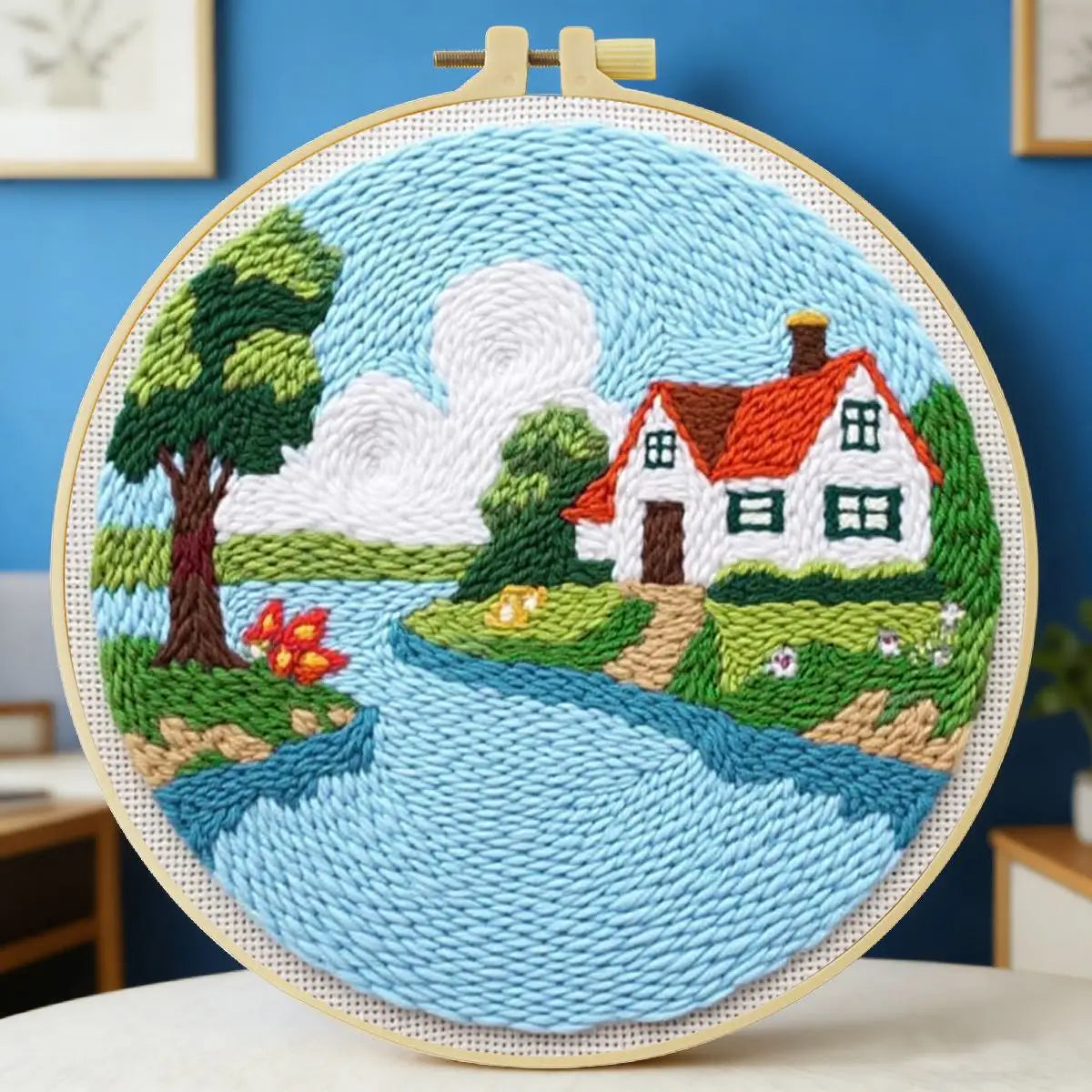 Cozy Cottage Riverside Embroidery Kit for Adults – Whimsical Country House DIY Hand Embroidery Hoop Art Beginner Needlecraft Gift