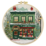 Christmas Bookstore Embroidery Kit – DIY Winter Holiday Village Sewing Craft Set, Festive Snowy Shop Wall Art Decor