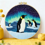 Penguin Aurora Embroidery Kit – Northern Lights Antarctic Scene Needlepoint Pattern with Penguins & Starry Winter Sky