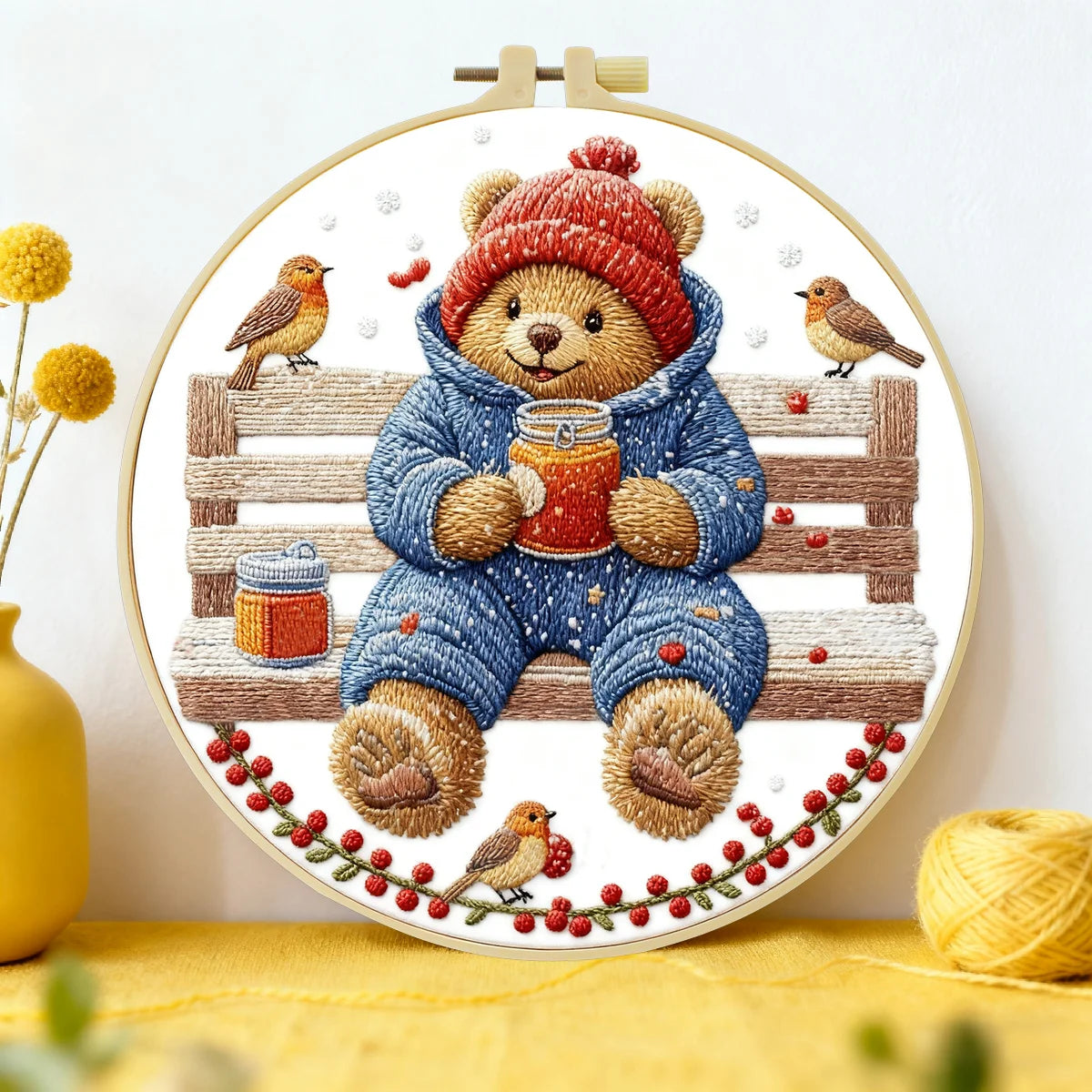 Winter Teddy Bear Embroidery DIY Kit – Cute Animal Beginner Stitching Kit with Hoop, Pattern & Threads