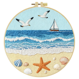 Coastal Beach Embroidery Kit – Ocean Waves, Seagulls & Seashells DIY Needlepoint Hoop Art Nautical Seaside Decor Craft Gift for Adults