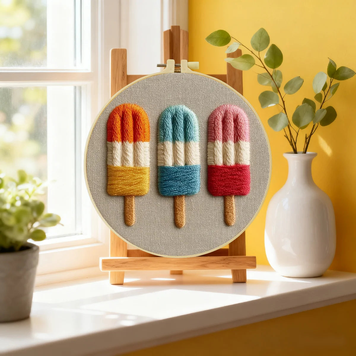 Colorful Popsicle Embroidery Kit – Cute Summer Ice Cream DIY Sewing Craft, Modern Kitchen Hoop Wall Art Decor