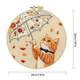 Cute Cat with Umbrella Embroidery Starter Kit DIY – Beginner Animal Hand Embroidery Kit with Autumn Design