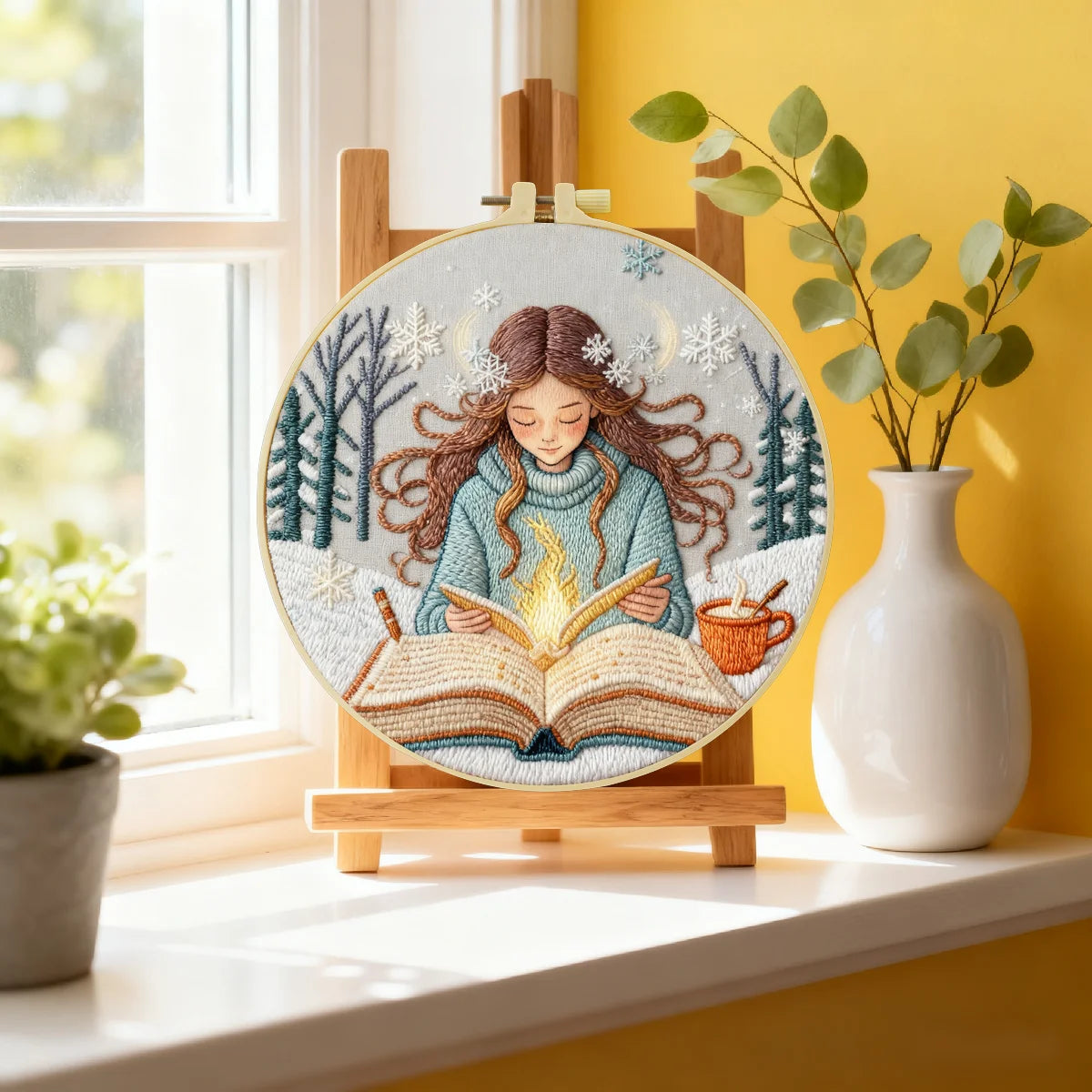 Winter Girl Reading Embroidery Starter Kit DIY – Beginner Cozy Book-Themed Hand Embroidery Kit