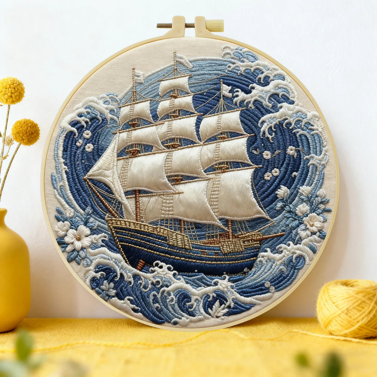 Vintage Sailing Ship Embroidery Kit – Nautical Ocean Wave DIY Sewing Craft, Coastal Maritime Hoop Wall Art Decor