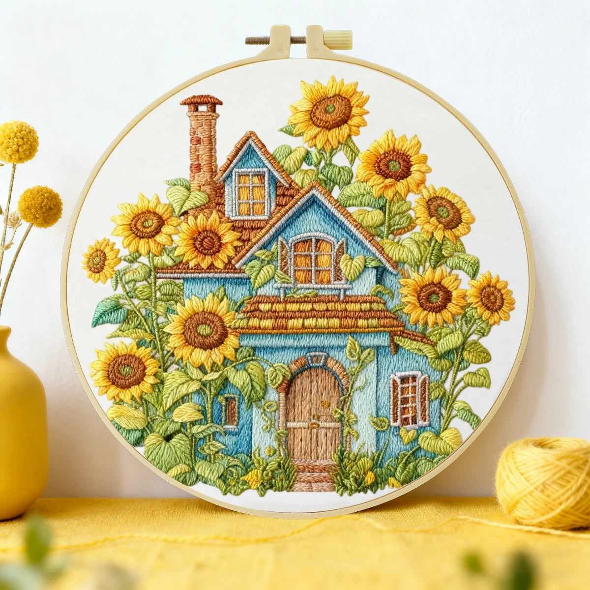Sunflower Cottage Embroidery Kit – Rustic Farmhouse Floral DIY Sewing Craft, Country Home Hoop Wall Art Decor