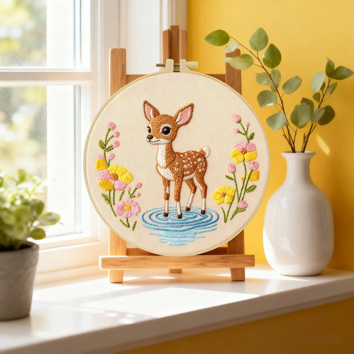 Cute Baby Deer Embroidery Kit – Woodland Fawn DIY Sewing Craft, Floral Nursery Hoop Wall Art Decor
