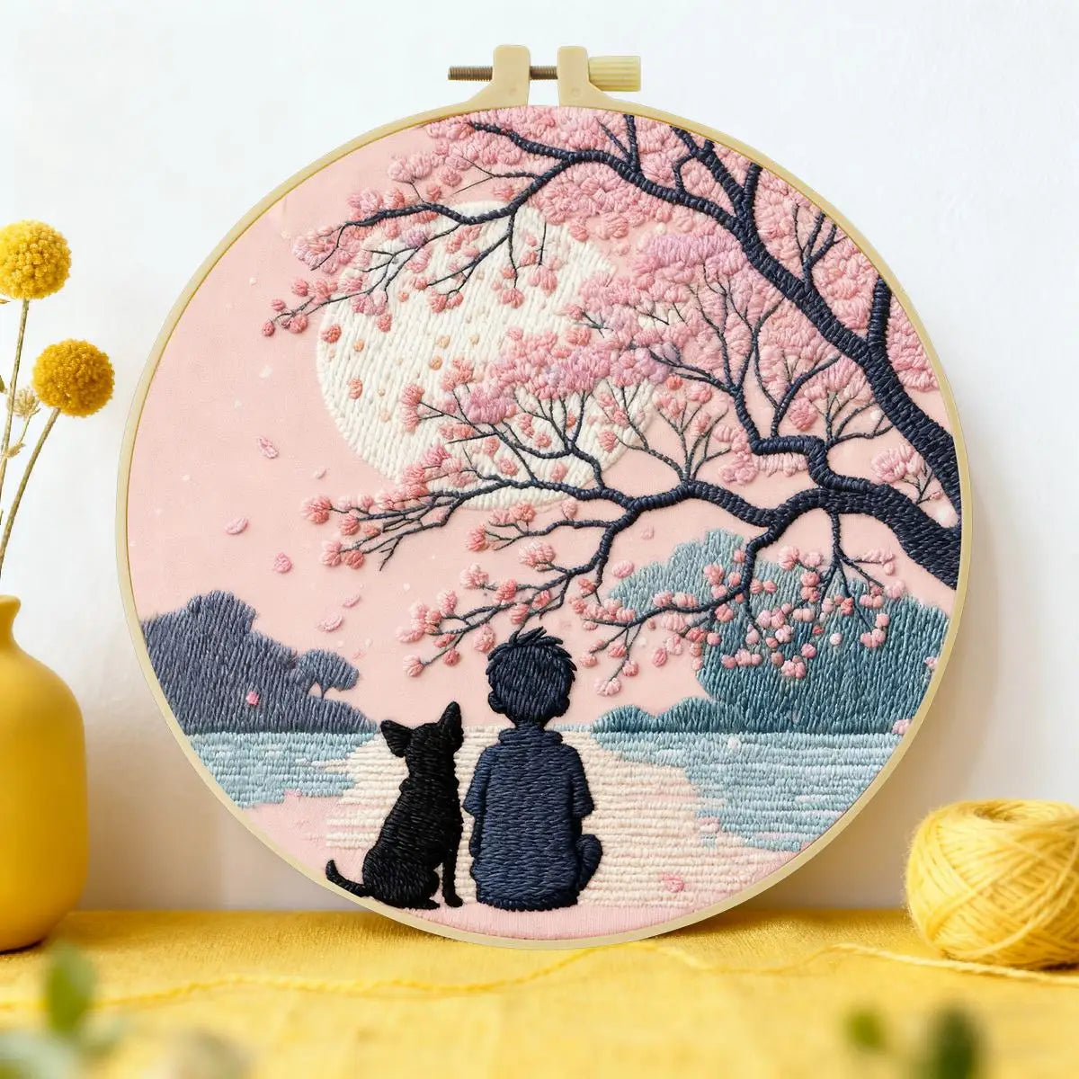 Cherry Blossom Moonlight Embroidery Kit – Peaceful Boy & Dog DIY Hand Embroidery Hoop Art Set
