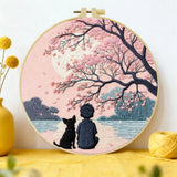 Cherry Blossom Moonlight Embroidery Kit – Peaceful Boy & Dog DIY Hand Embroidery Hoop Art Set