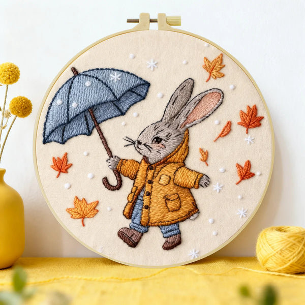 Autumn Bunny with Umbrella Embroidery DIY Kit – Cute Woodland Animal Hand Stitch Craft with Hoop & Threads