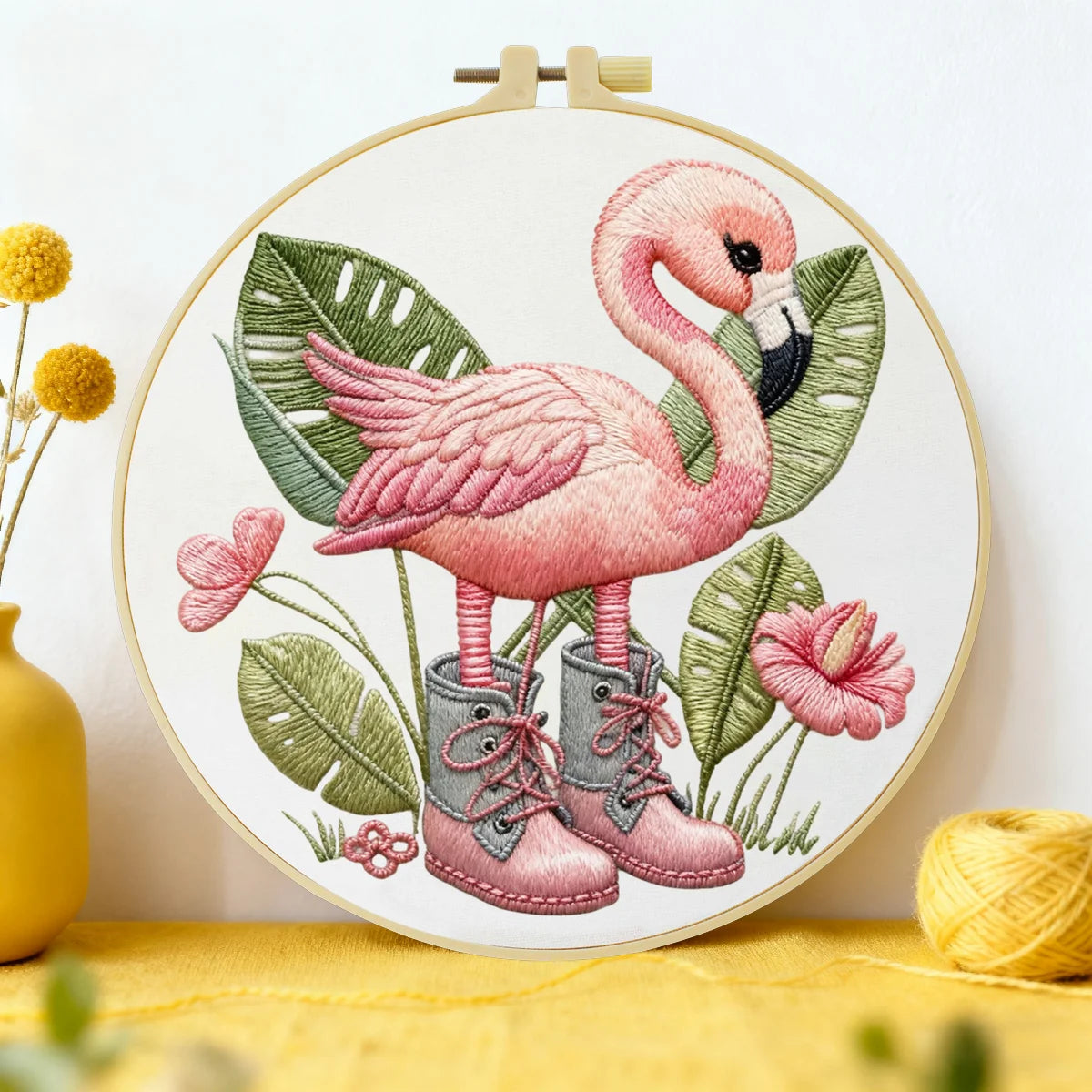 Pink Flamingo Embroidery Kit – Tropical Bird DIY Sewing Craft, Cute Summer Hoop Wall Art Decor