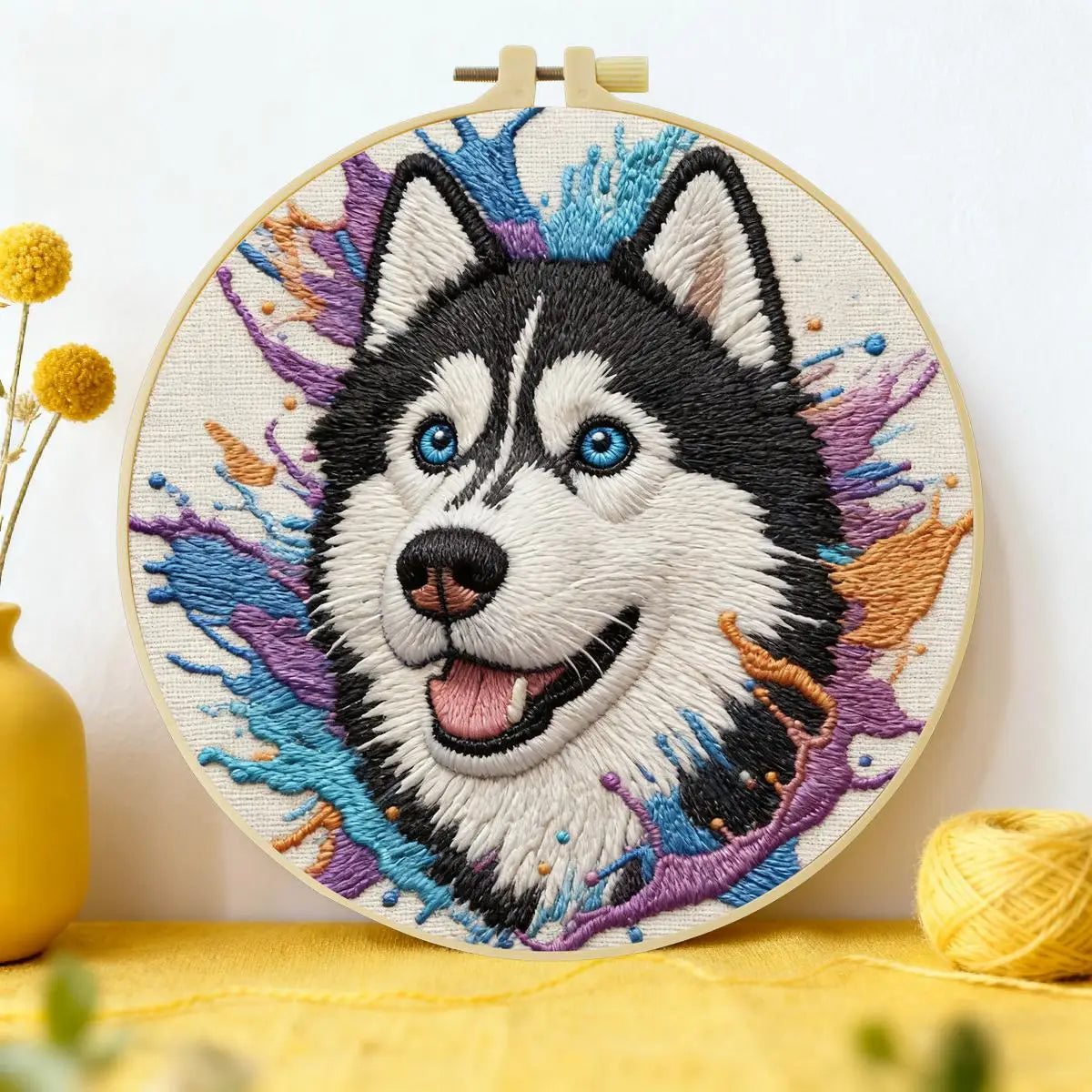 Husky Embroidery Kit – Blue Eyed Siberian Husky Needlepoint Pattern with Color Splash Art for Dog Lovers & Modern Decor