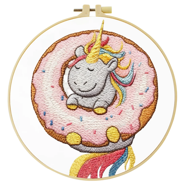 Unicorn Donut Embroidery DIY Kit – Cute Kawaii Beginner Stitching Kit with Hoop, Pattern & Threads