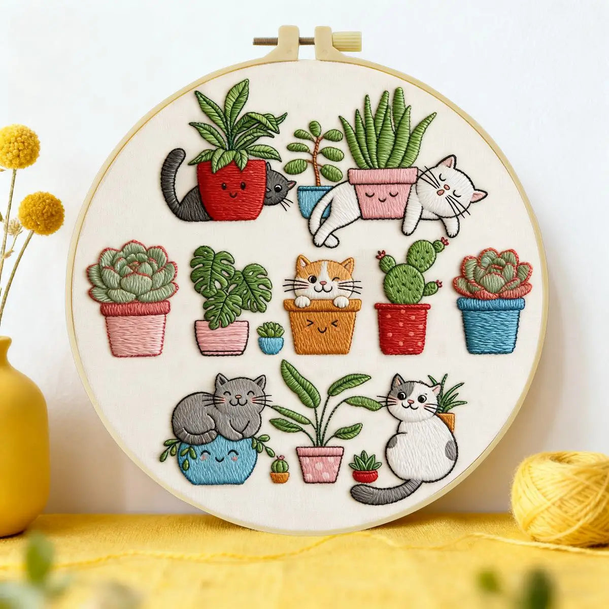 Cute Cats & Plants Embroidery Kit for Beginners – DIY Kawaii Hand Embroidery Hoop Set