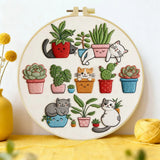 Cute Cats & Plants Embroidery Kit for Beginners – DIY Kawaii Hand Embroidery Hoop Set