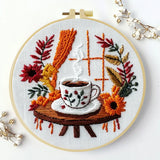 Handmade Cozy Coffee Embroidery Hoop Wall Art – Autumn Floral Rustic Kitchen Decor