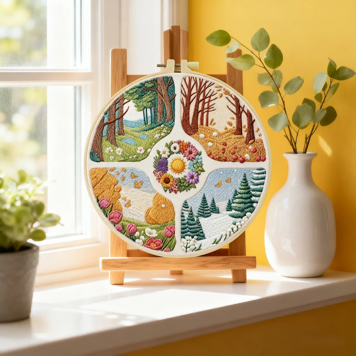 Four Seasons Landscape Embroidery Kit – Spring Summer Fall Winter DIY Sewing Craft, Nature Hoop Wall Art Decor