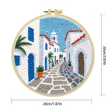 Mediterranean Greek Alley Embroidery Kit – Santorini Inspired Coastal Village DIY Needlepoint Hoop Art Travel Decor Craft Gift for Adults