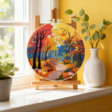 Autumn Forest Path Embroidery Kit – Colorful Fall Landscape DIY Hand Stitch Art with Hoop & Threads, Scenic Nature Wall Décor Craft Set