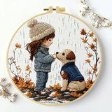 Little Girl & Puppy Embroidery Kit – Cozy Autumn Friendship Needlepoint Pattern for Dog Lovers and Whimsical Home Decor