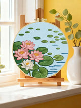 Lotus Flower Pond Punch Needle Wall Art – Handmade Embroidery Hoop Decor for Nursery & Cozy Rooms
