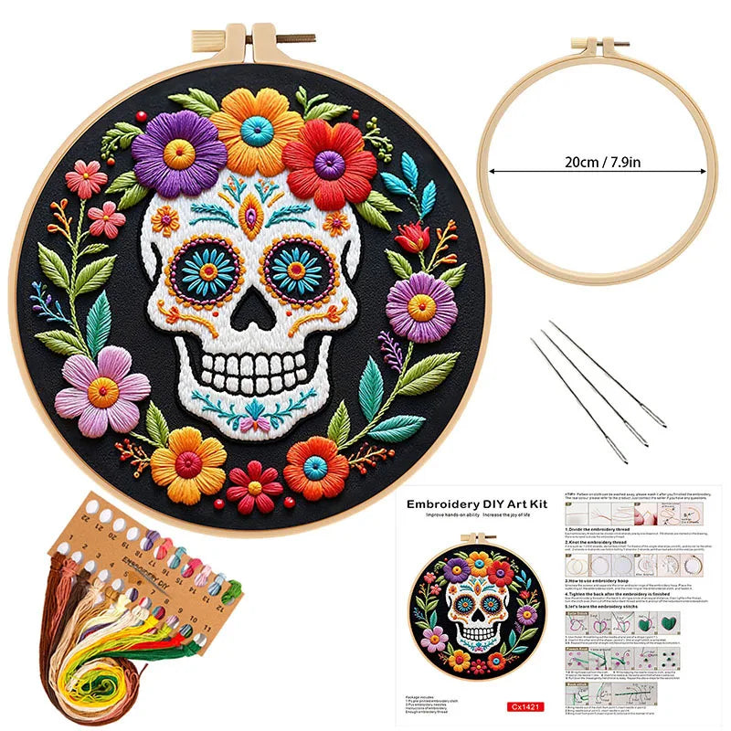 Floral Sugar Skull Embroidery Kit – Set of 3
