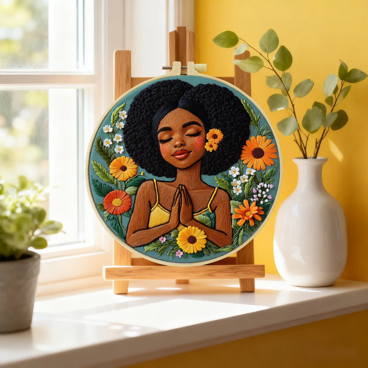 Black Woman Floral Embroidery Kit for Adults – Afro Beauty Hand Embroidery Hoop Art DIY Needlepoint Craft Gift for Her
