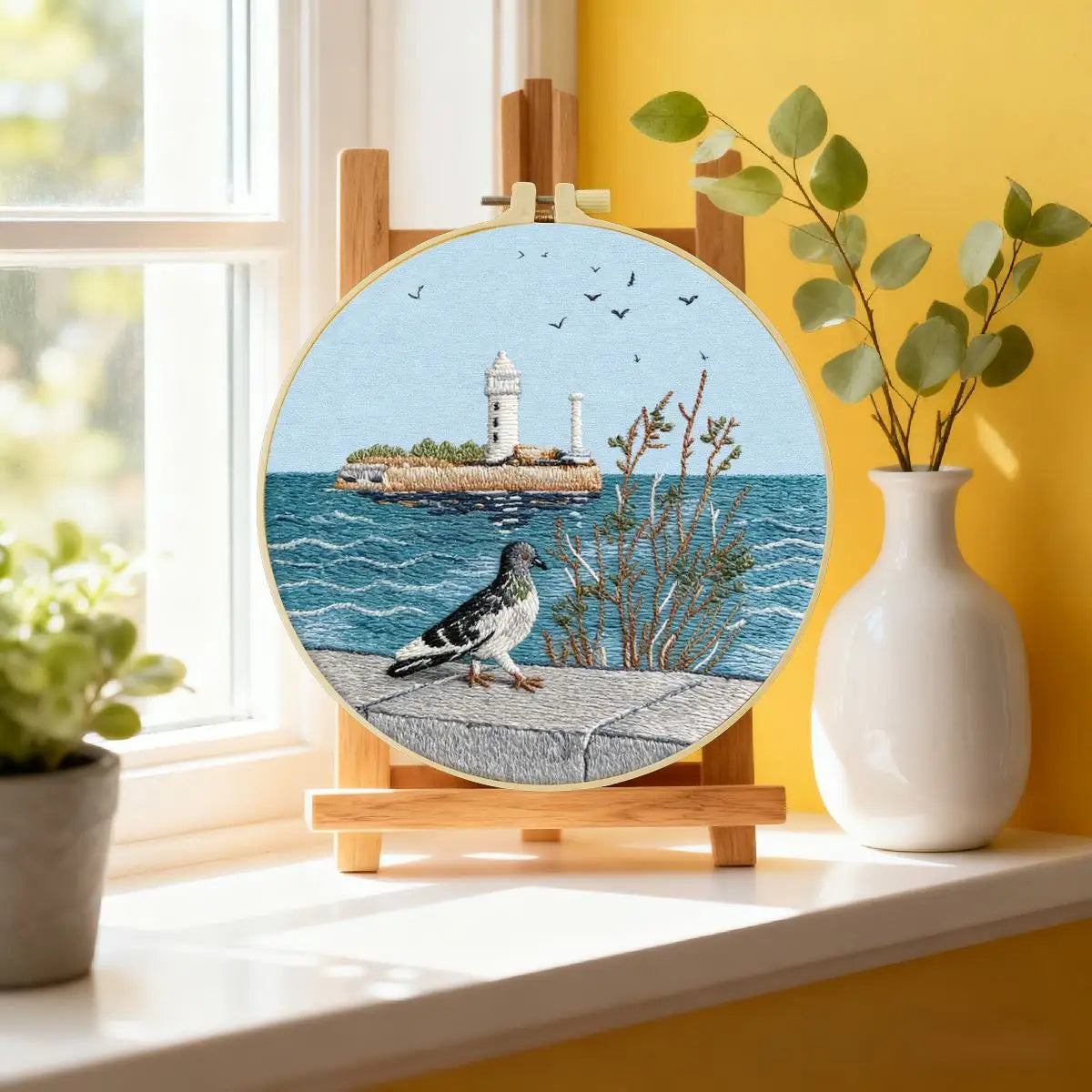 Coastal Lighthouse Embroidery Kit – Seaside Ocean Scene with Lighthouse, Pigeon & Waves Needlepoint Pattern for Beach Lovers