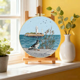 Coastal Lighthouse Embroidery Kit – Seaside Ocean Scene with Lighthouse, Pigeon & Waves Needlepoint Pattern for Beach Lovers