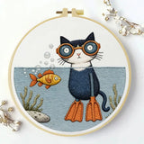 Scuba Cat Embroidery Kit – Funny Underwater Kitty DIY Hand Embroidery Set 🐱🐠🤿 Kits For Stitchers