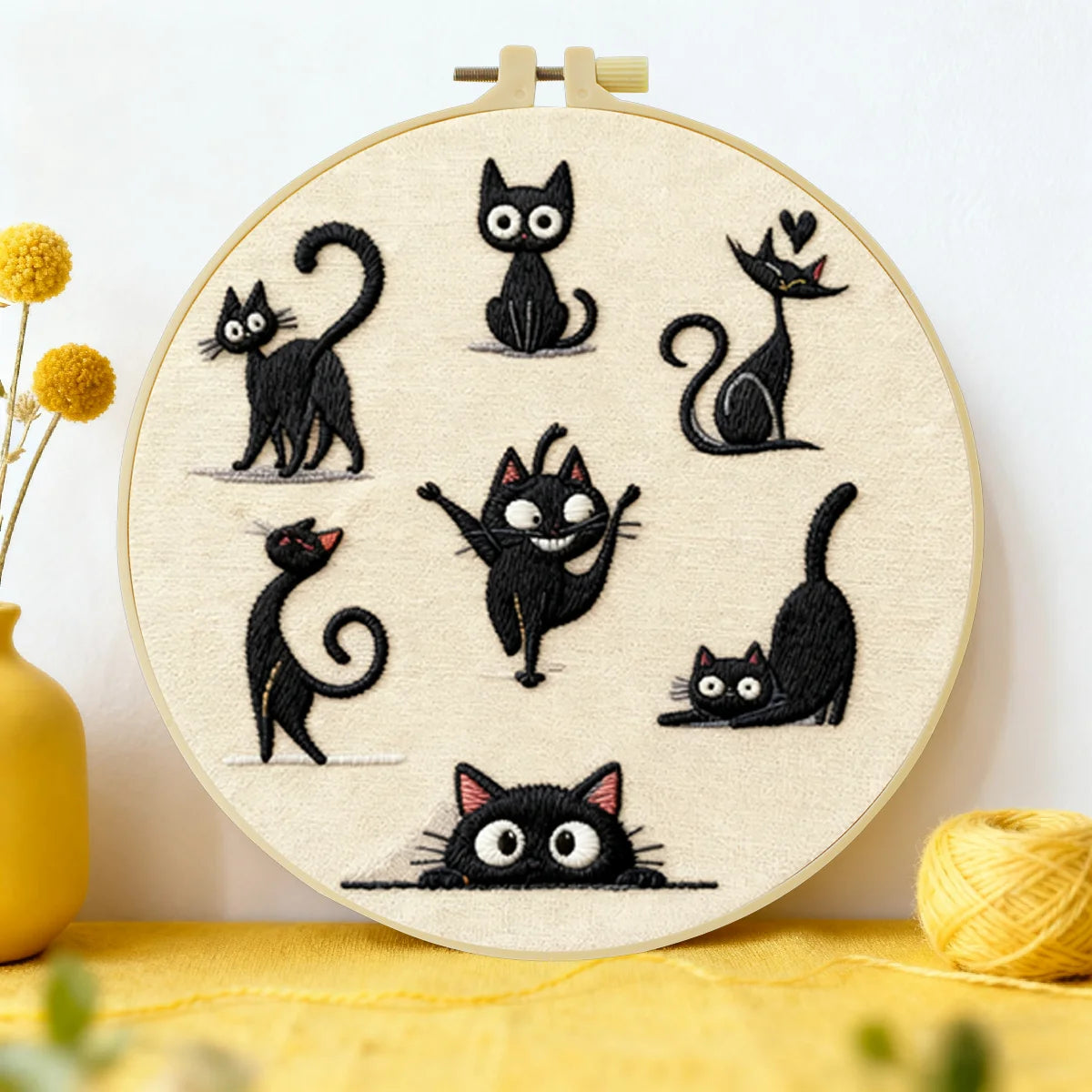 Cute Black Cat Collection Embroidery Starter Kit DIY – Beginner Cartoon Animal Hand Embroidery Kit