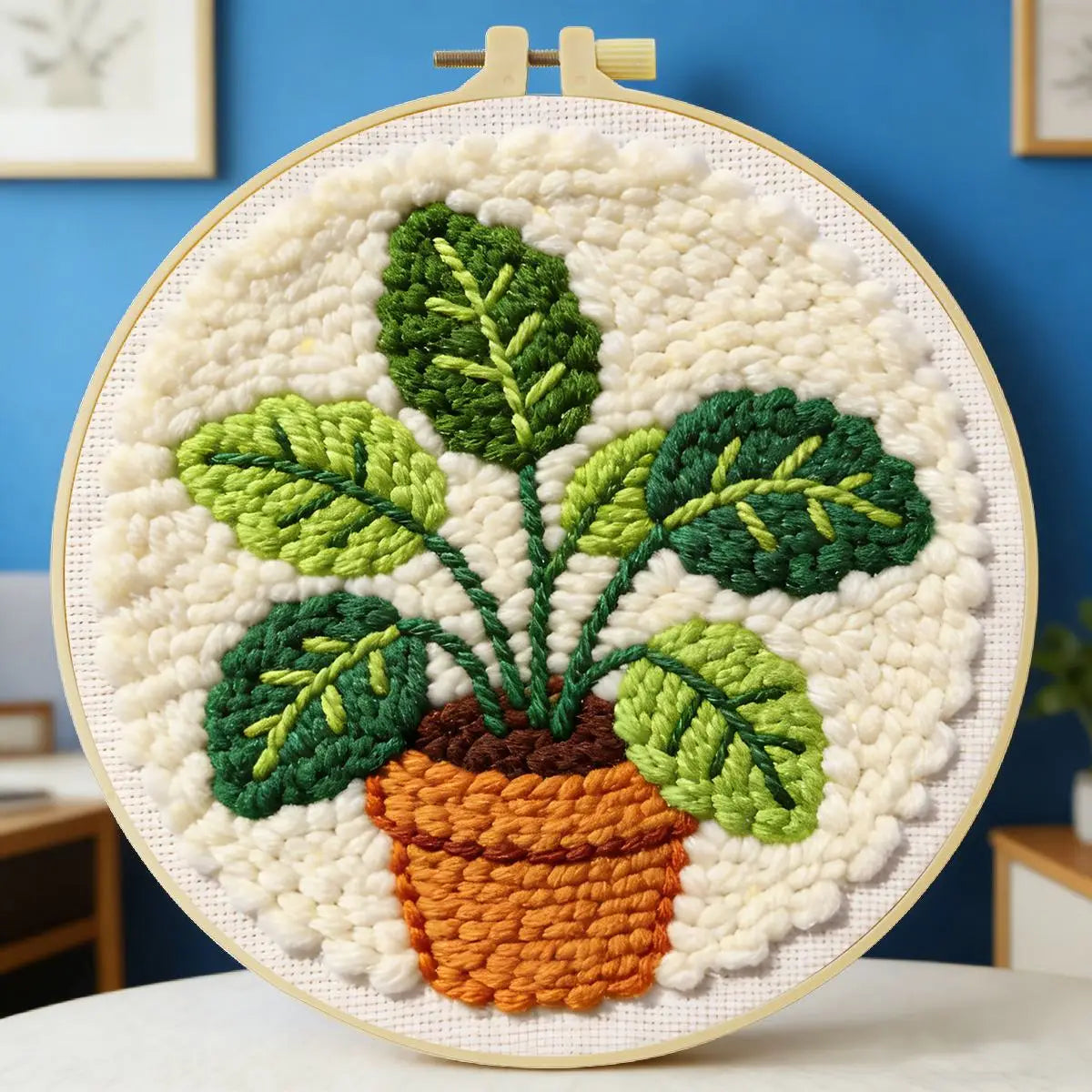 Potted Plant Punch Needle Wall Art – Handmade Embroidery Hoop Decor for Nursery & Cozy Rooms