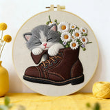 Sleeping Kitten Embroidery Kit for Beginners – DIY Floral Cat Hand Embroidery Hoop Set