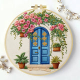 Blue Door Floral Embroidery Kit – DIY Cottage Garden Hoop Art for Beginners & Craft Lovers